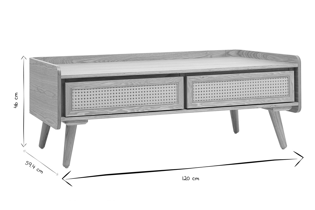 Abmessungen des Couchtischs ELSY: B120 cm, H46 cm, T59,4 cm, in Schwarz und Wei�.