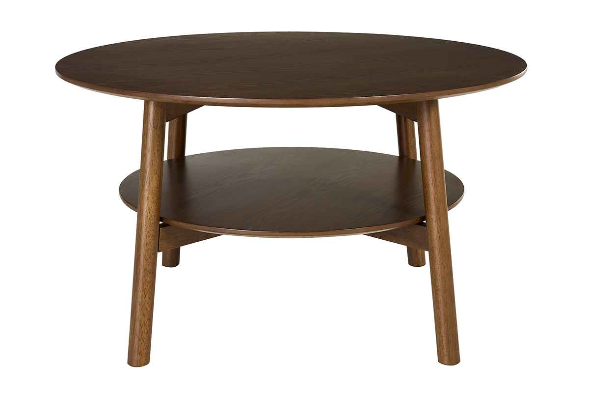 Runder Couchtisch aus dunklem Holz, doppelte Platte, Ansicht von vorne.