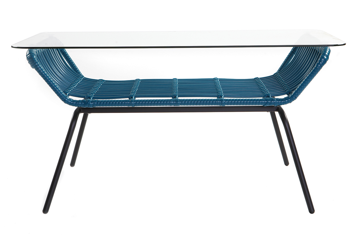 Couchtisch TANGO aus Glas und blaugr�nem Kunststoffgeflecht