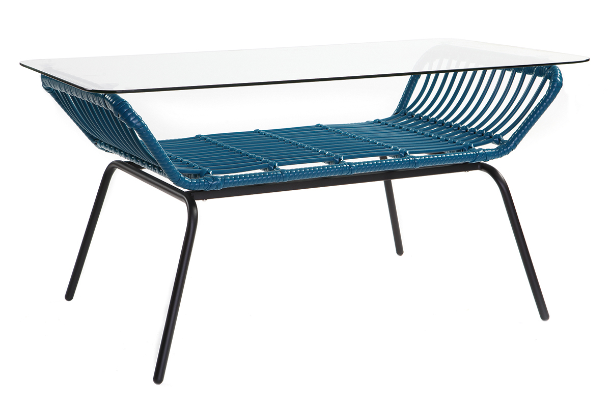Couchtisch TANGO aus Glas und blaugr�nem Kunststoffgeflecht