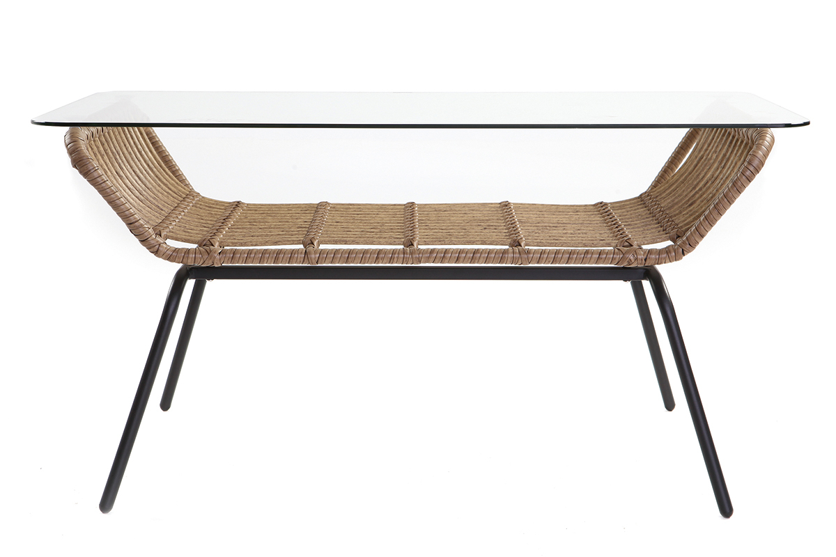 Couchtisch TANGO aus Glas und Kunststoffgeflecht im Rattanstil