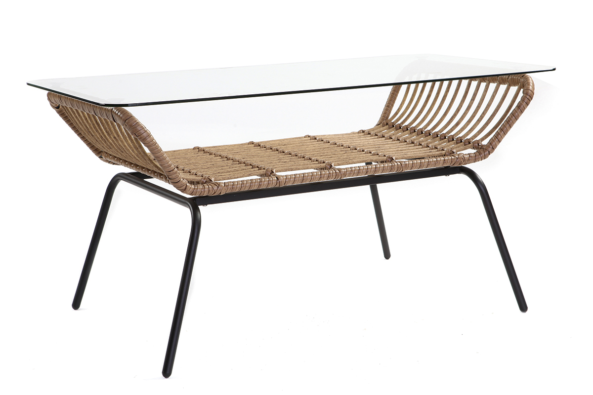 Couchtisch TANGO aus Glas und Kunststoffgeflecht im Rattanstil