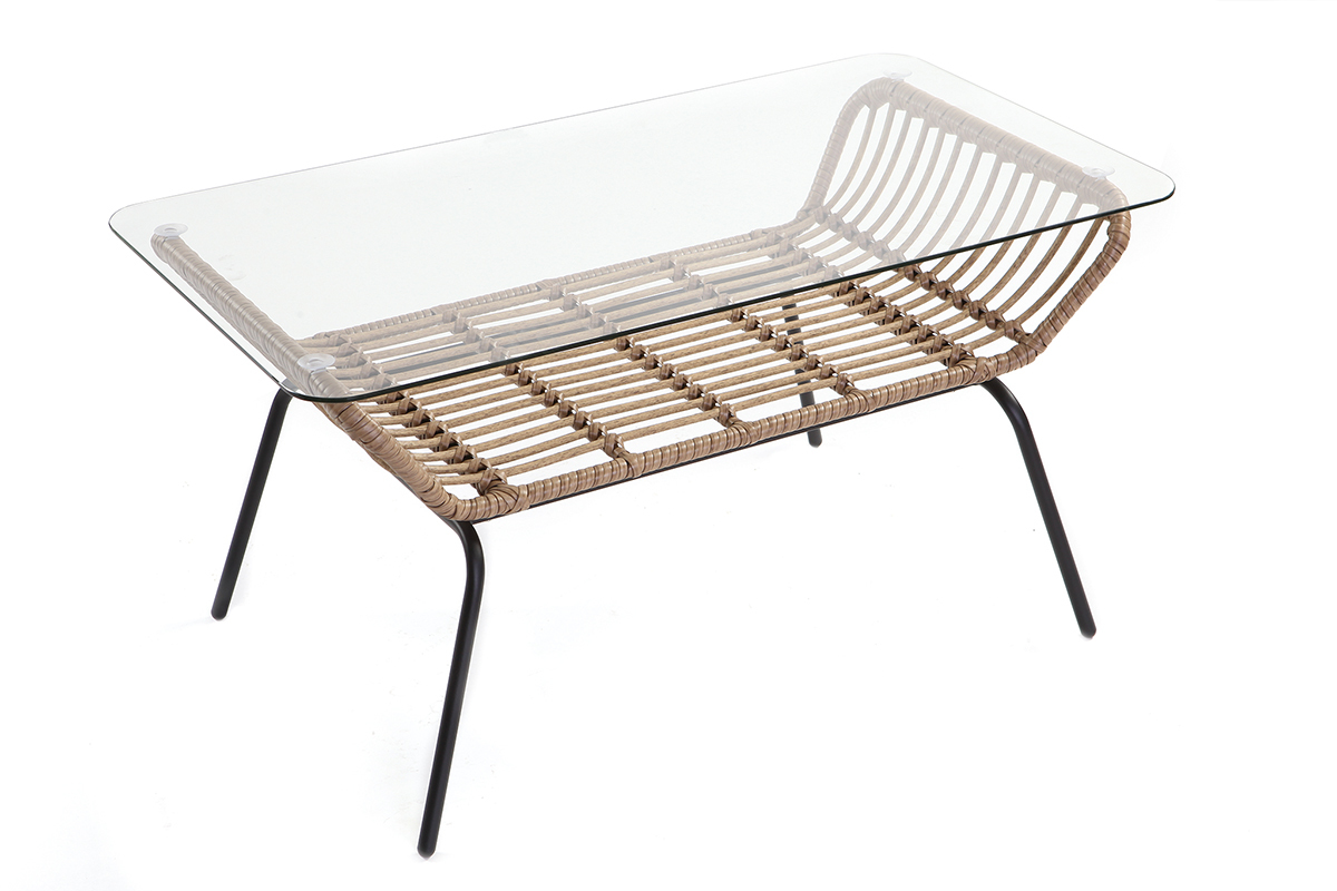 Couchtisch TANGO aus Glas und Kunststoffgeflecht im Rattanstil