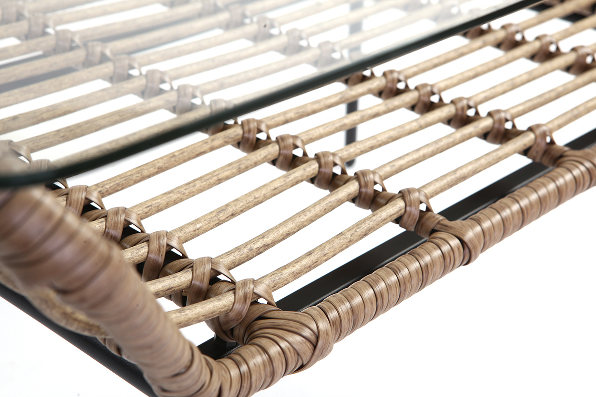 Couchtisch TANGO aus Glas und Kunststoffgeflecht im Rattanstil