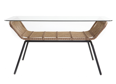 Couchtisch TANGO aus Glas und Kunststoffgeflecht im Rattanstil