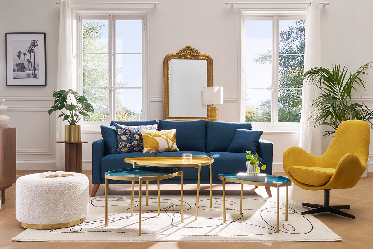 Couchtische aus Stahl vergoldet senfgelb, blau und t�rkis (3er-Satz) ZURIA