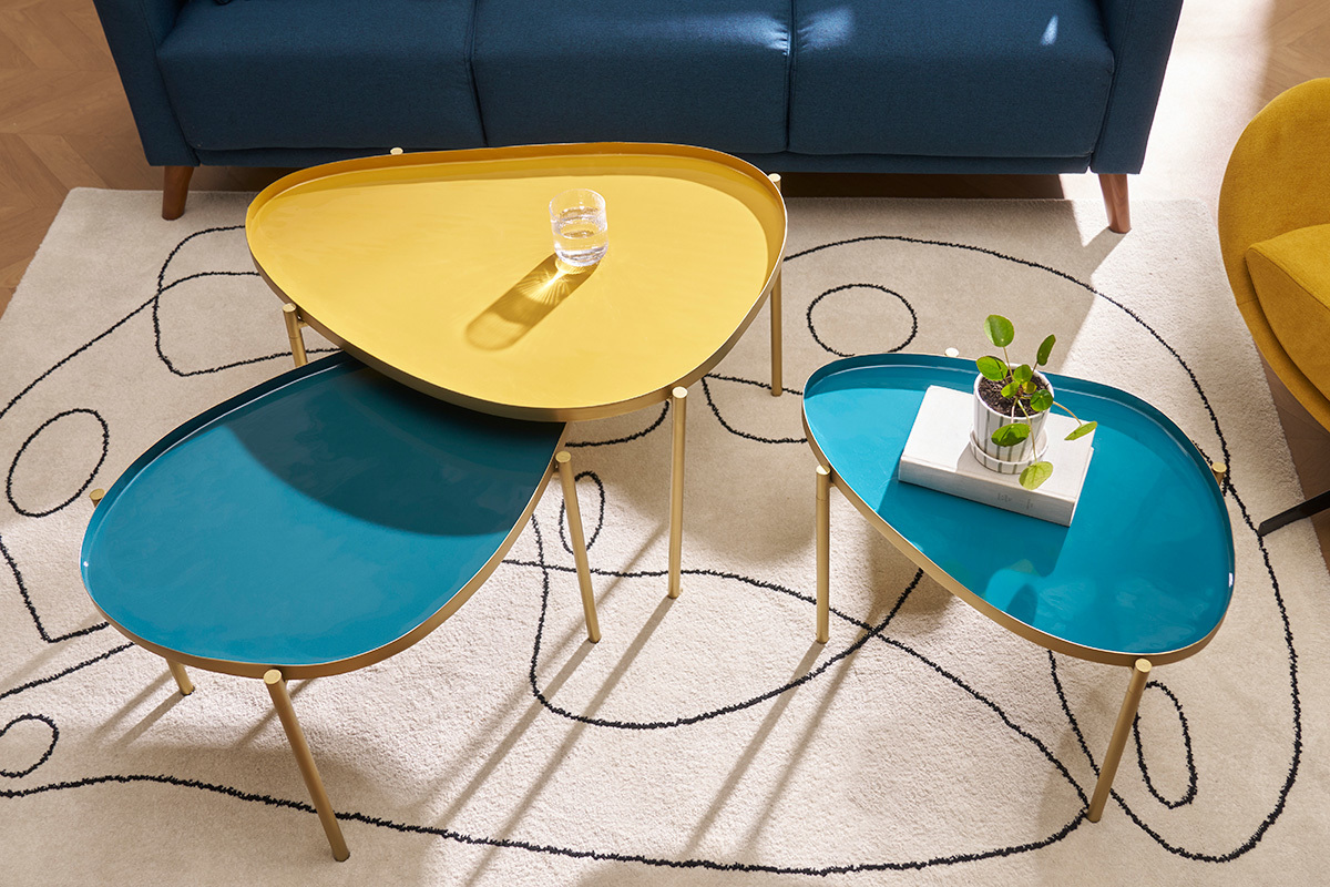 Couchtische aus Stahl vergoldet senfgelb, blau und t�rkis (3er-Satz) ZURIA