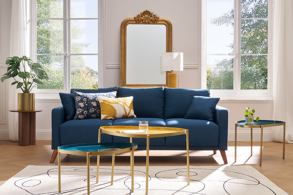 Couchtische aus Stahl vergoldet senfgelb, blau und t�rkis (3er-Satz) ZURIA