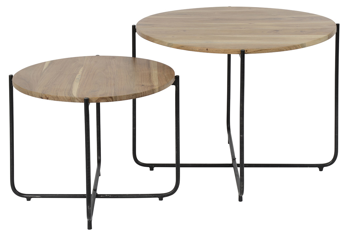 Couchtische/Beistelltische rund aus Holz und schwarzem Metall (2er-Set) CROSS