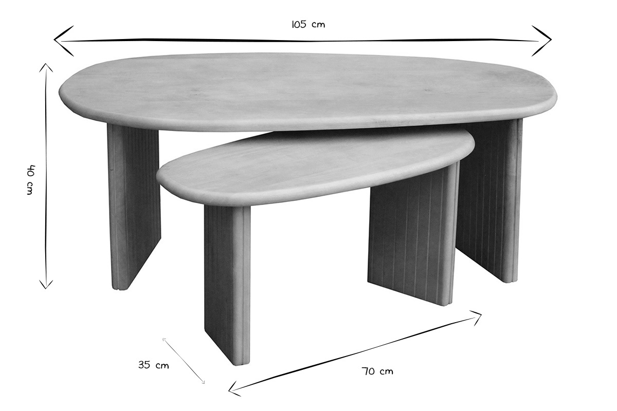 Abmessungen der ineinander schachtelbaren Couchtische in Schwarz und Wei�: 105 cm x 70 cm x 40 cm und 35 cm