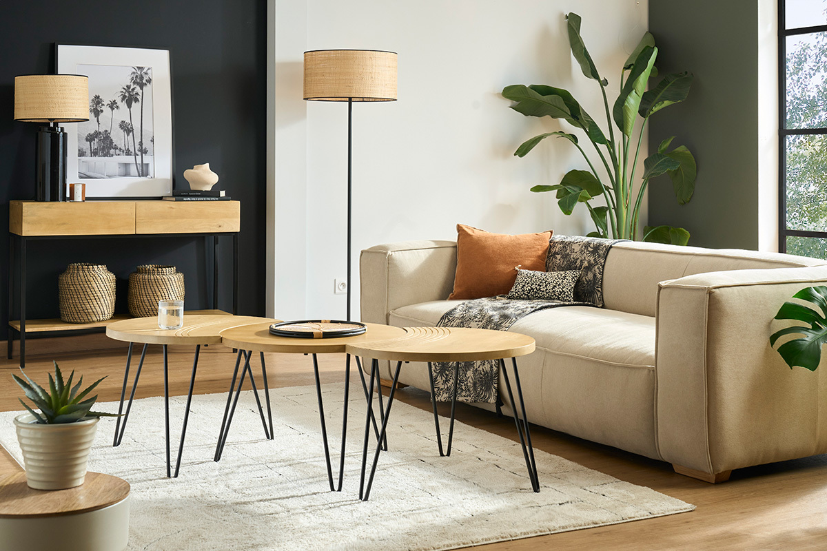 Couchtische strukturiert aus Mangoholz und schwarzes Metall (3er-Set) VIBES