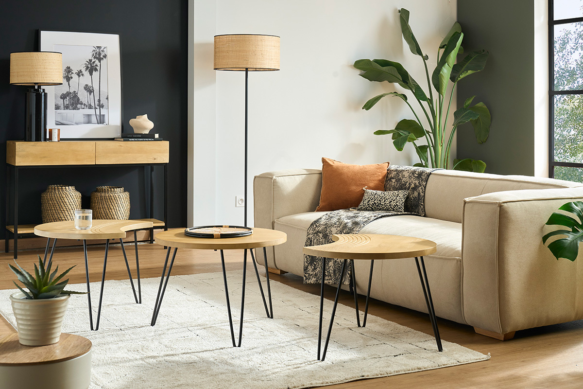 Couchtische strukturiert aus Mangoholz und schwarzes Metall (3er-Set) VIBES