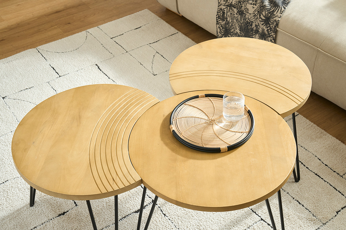 Couchtische strukturiert aus Mangoholz und schwarzes Metall (3er-Set) VIBES