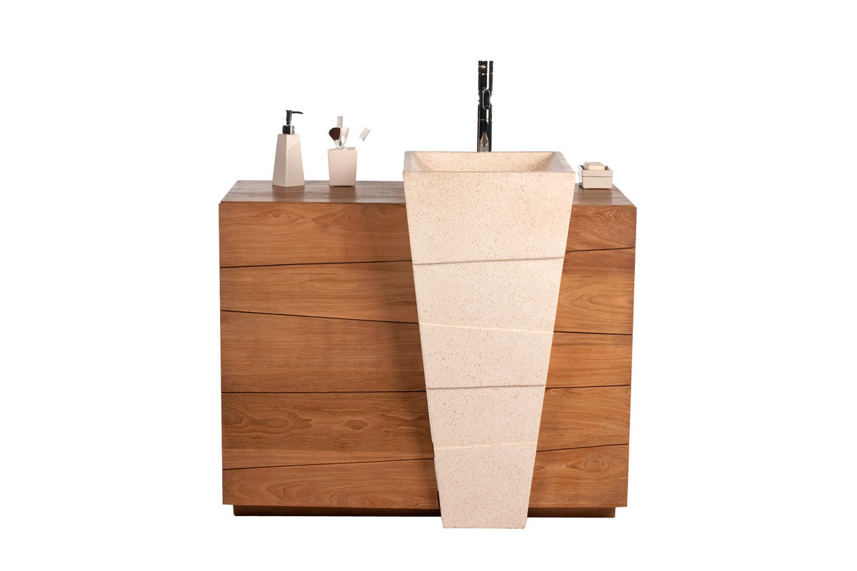 Design-Badmbel Ethno-Look aus Teakholz und Terrazzo Einbauwaschbecken ARU