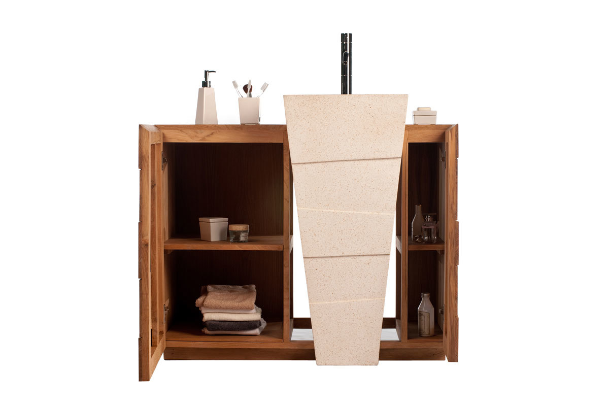 Design-Badmbel Ethno-Look aus Teakholz und Terrazzo Einbauwaschbecken ARU