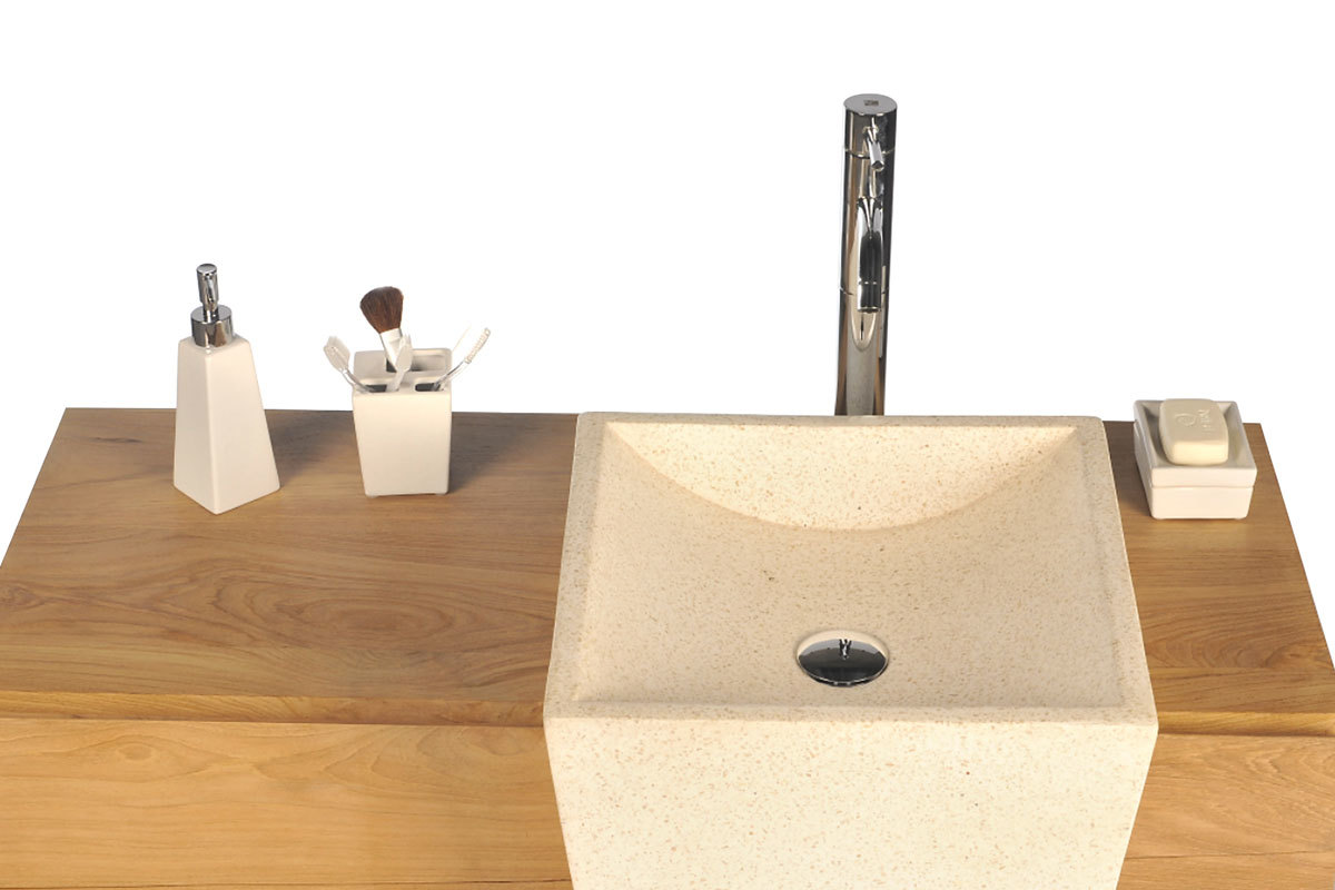 Design-Badmbel Ethno-Look aus Teakholz und Terrazzo Einbauwaschbecken ARU