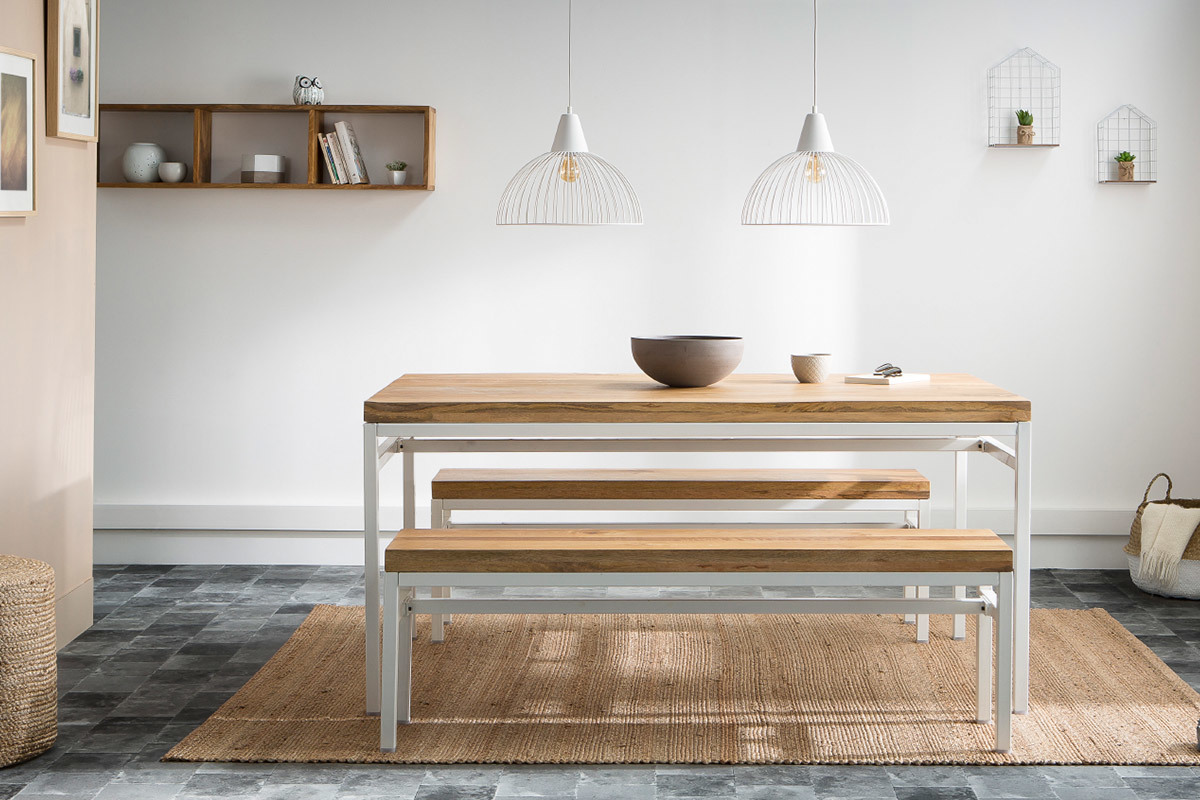 Design-Bank BOHO aus Mangoholz und weiem Metall 140 cm
