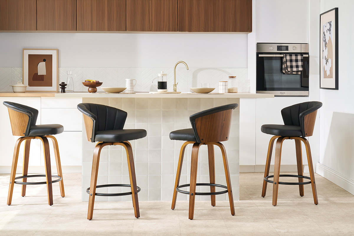 Design-Barhocker ALBIN drehbar schwarz und dunkles Holz H65 cm