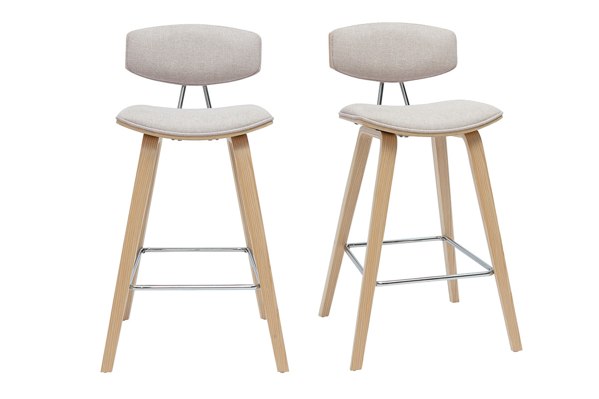 Design-Barhocker aus beigem Stoff mit samtiger Textur und hellem Holz H69 cm (2er-Set) VASCO
