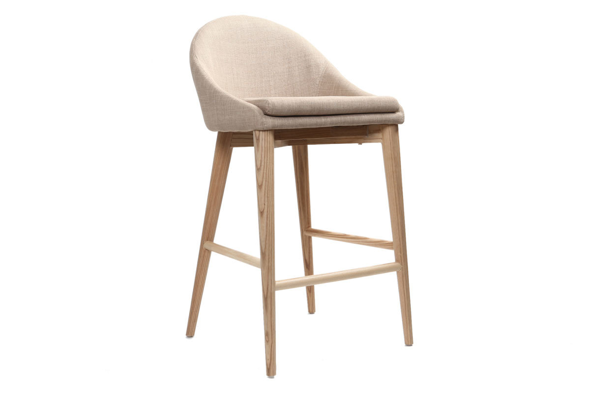 Design-Barhocker aus beigem Stoff und hellem Holz H66.5 cm DALIA
