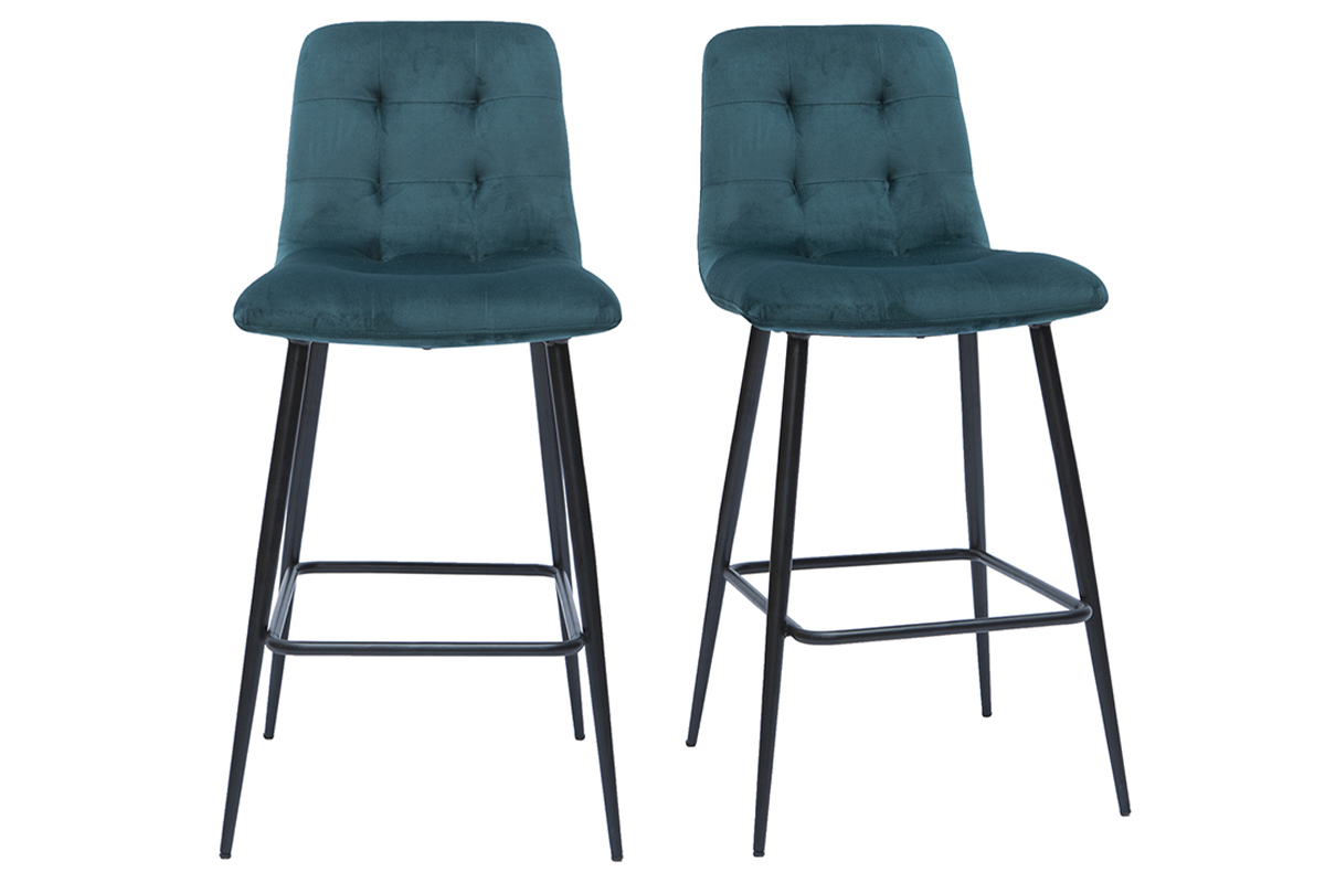 Design-Barhocker aus petrolblauem Samtstoff und Metall H 65 cm (2er-Set) ESCAPE