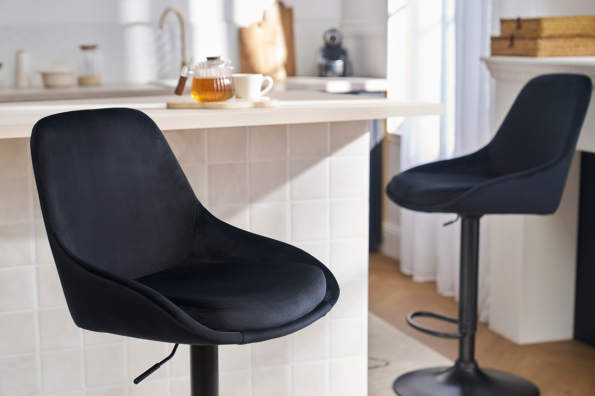 Design-Barhocker aus petrolblauem Samtstoff und schwarzem Metall 360 drehbar (2er-Set) HOLO