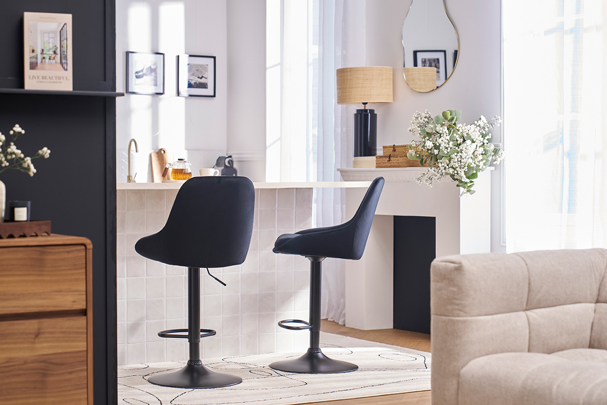 Design-Barhocker aus petrolblauem Samtstoff und schwarzem Metall 360 drehbar (2er-Set) HOLO