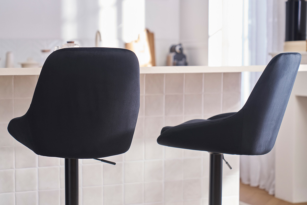 Design-Barhocker aus petrolblauem Samtstoff und schwarzem Metall 360� drehbar (2er-Set) HOLO