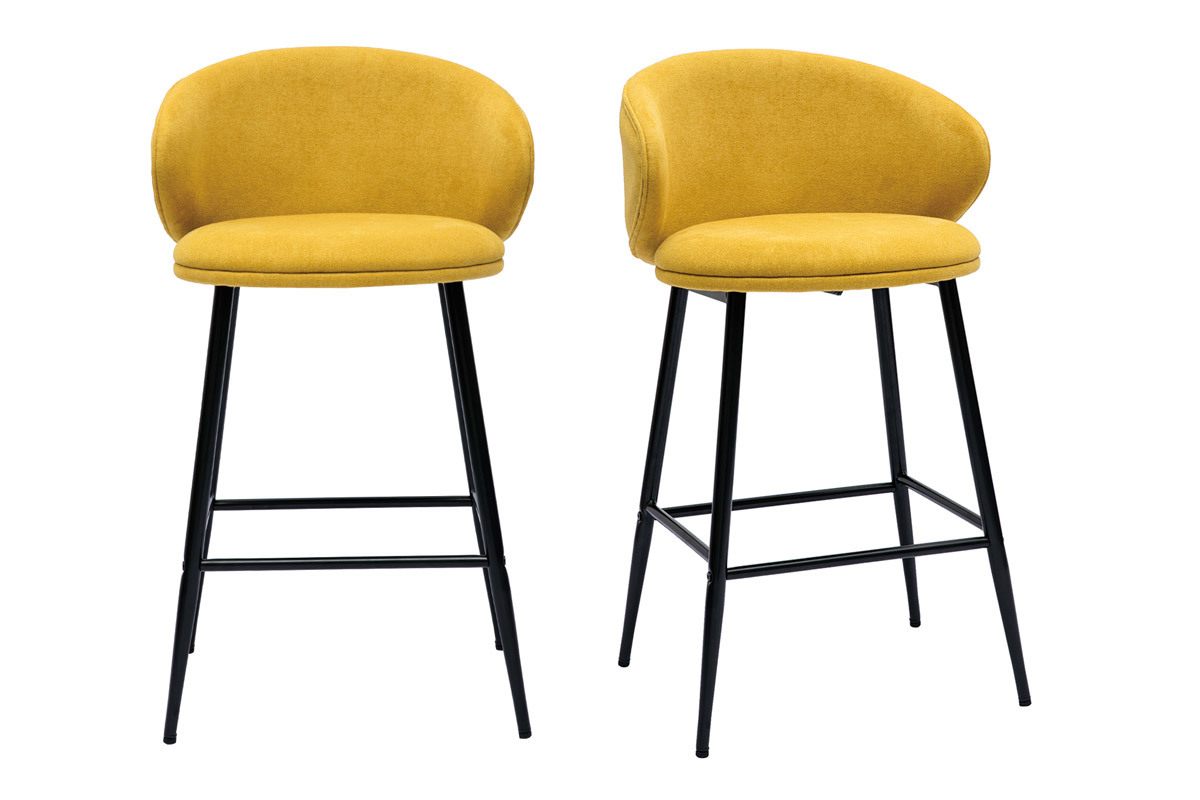 Design-Barhocker aus senfgelbem Stoff mit Samteffekt und schwarzem Metall (2er-Set) ROSALIE