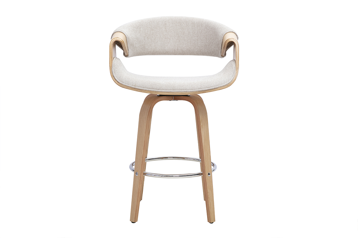 Barhocker ARAMIS beige, drehbare Sitzfl�che, Beine aus hellem Holz und Fu�st�tze aus verchromtem Stahl, Vorderansicht.