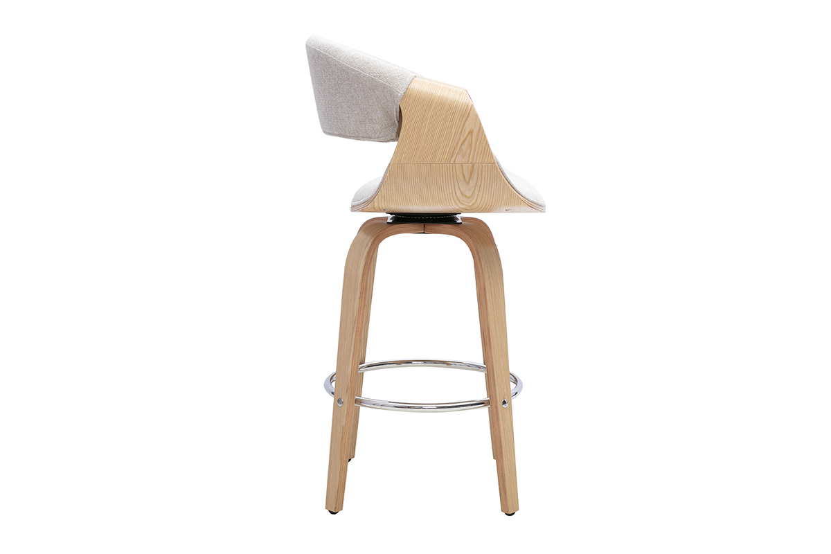 Barhocker ARAMIS aus beigem Stoff, Seitenansicht mit Beinen aus hellem Holz und Fu�st�tze aus verchromtem Stahl.