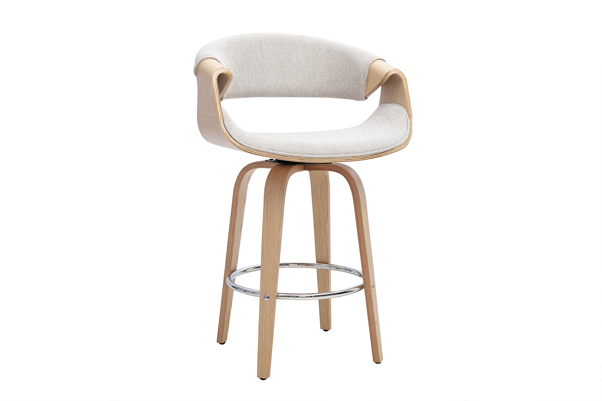 Designer-Barhocker aus beigem Stoff mit R�ckenlehne, Beinen aus hellem Holz und Fu�st�tze aus verchromtem Stahl