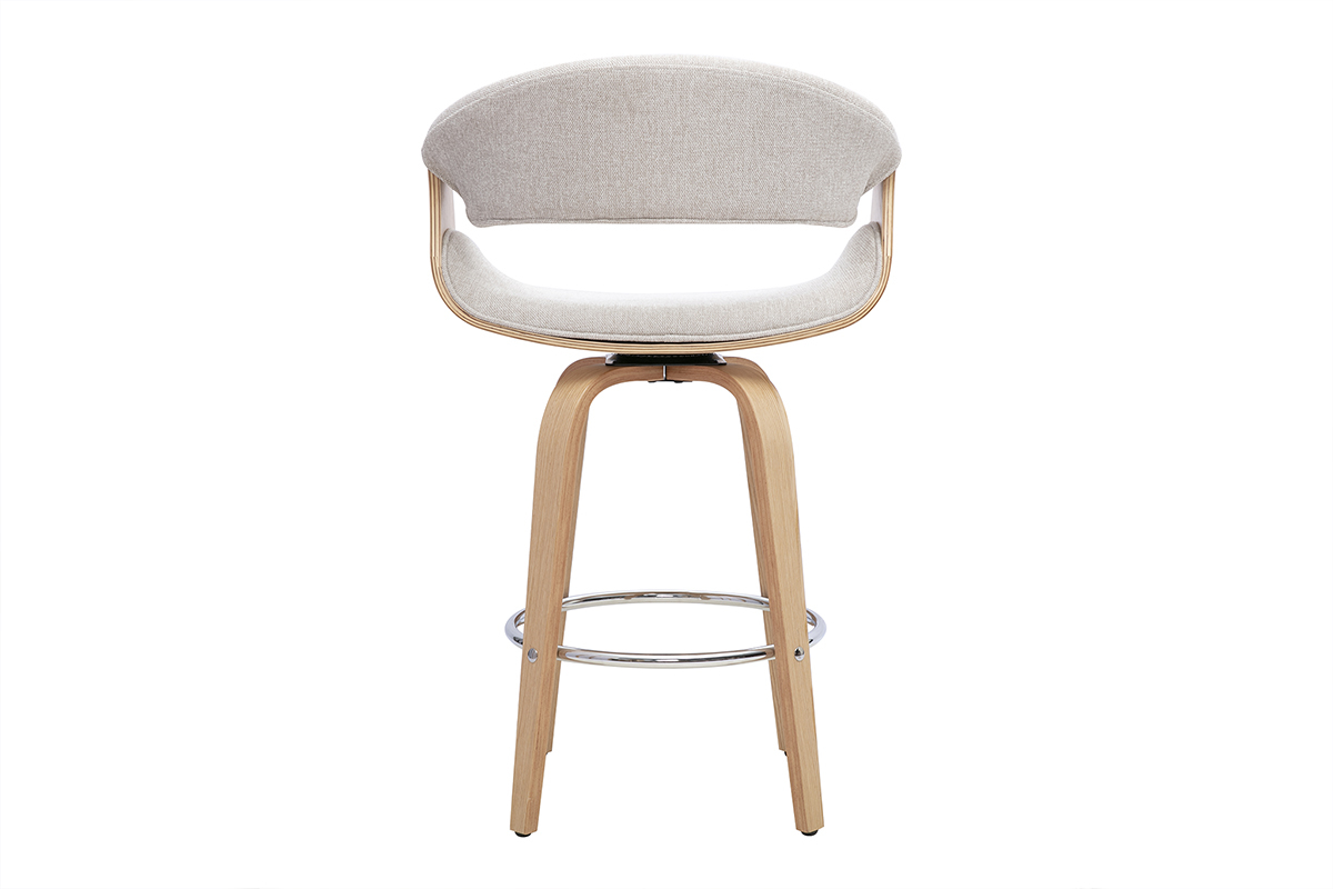 Barhocker ARAMIS aus beigefarbenem Stoff, R�ckansicht, Beine aus hellem Holz und Fu�st�tze aus verchromtem Stahl.