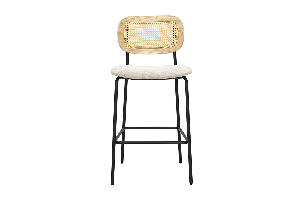 Designhocker MIRANDA aus beigefarbenem Stoff, schwarzem Metallgestell und R�ckenlehne aus Rohrgeflecht, Vorderansicht.