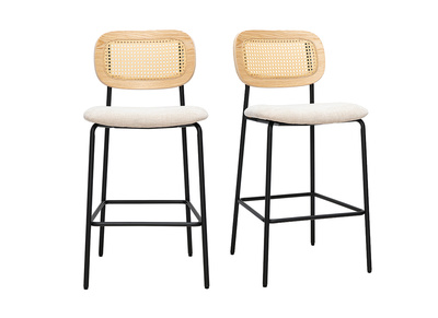 Design-Barhocker aus Stoff mit strukturiertem Samteffekt, beige, schwarzes Metall und Rattangeflecht (2er-Set) MIRANDA