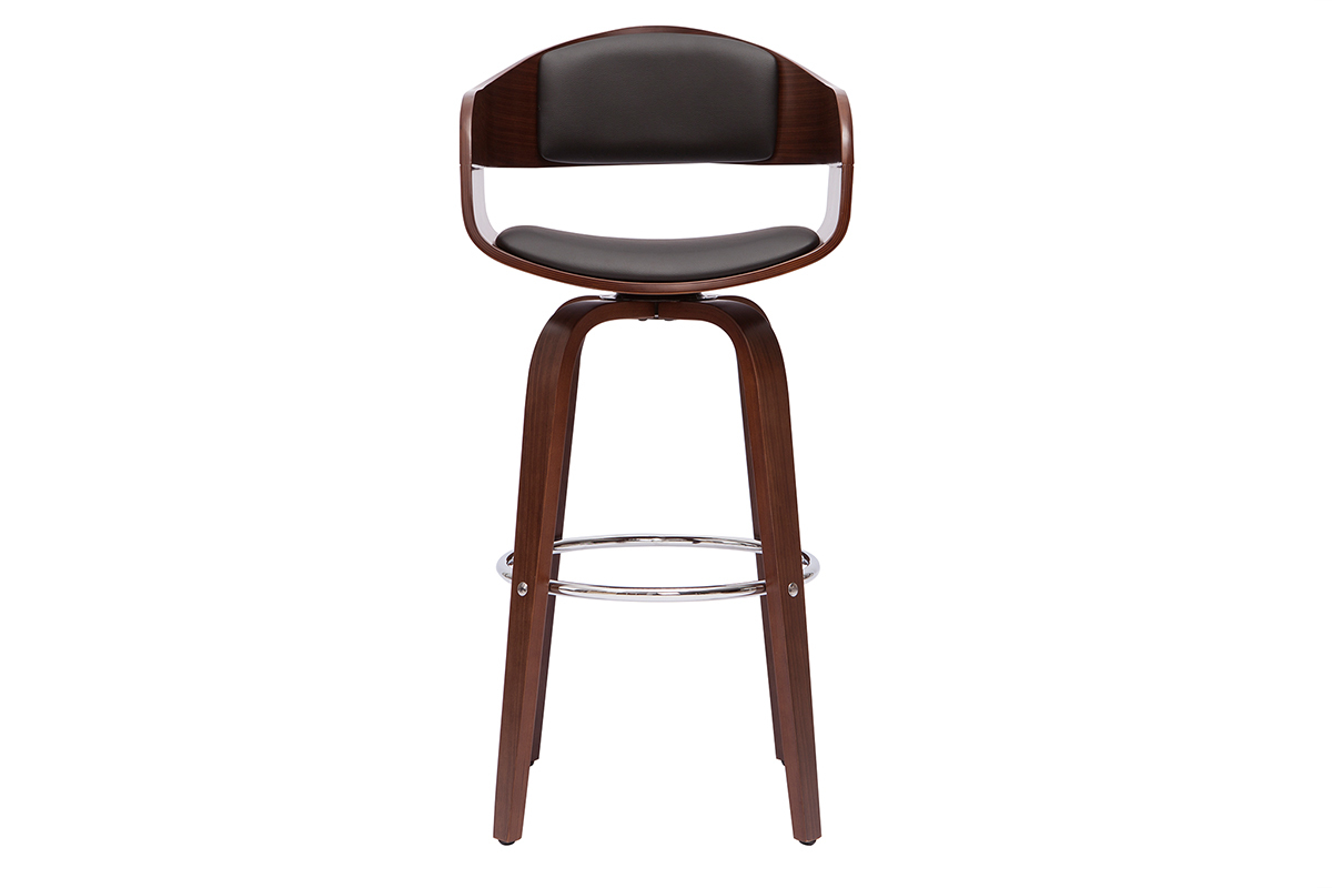 Barhocker schwarz und dunkles Holz mit Metall-Fu�st�tze, Frontansicht.