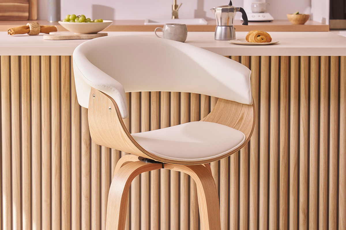 Design-Barhocker drehbar wei mit hellem Holz  H 67 cm OKTAV