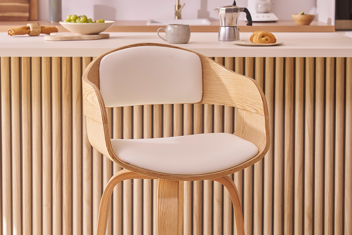 Design-Barhocker drehbar wei und helles Holz H 67 cm GAO