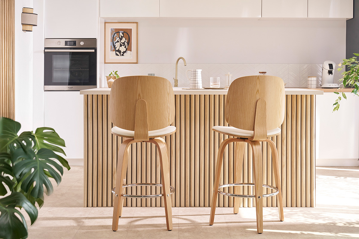 Design-Barhocker drehbar wei und helles Holz H66 cm (2er-Set) BECK