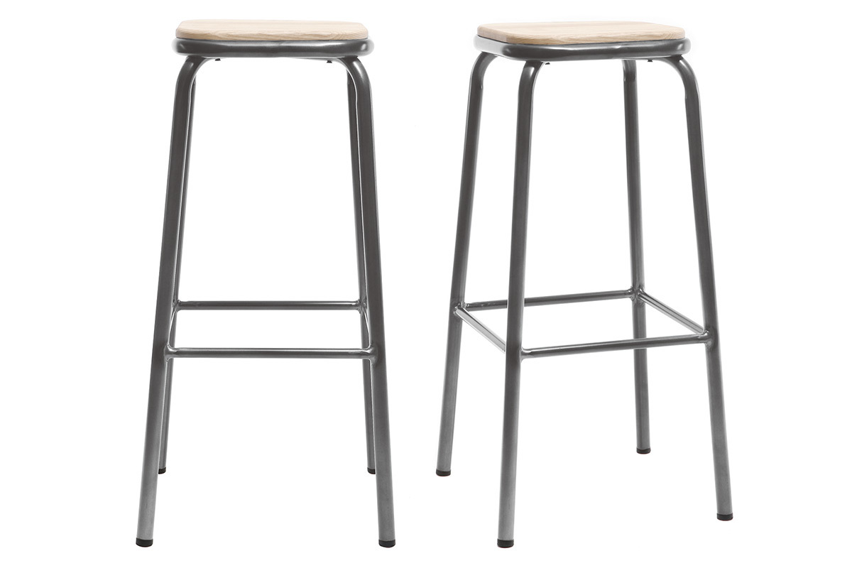 Design-Barhocker Edelstahl 2er-Set H 75 cm helles Holz MEMPHIS