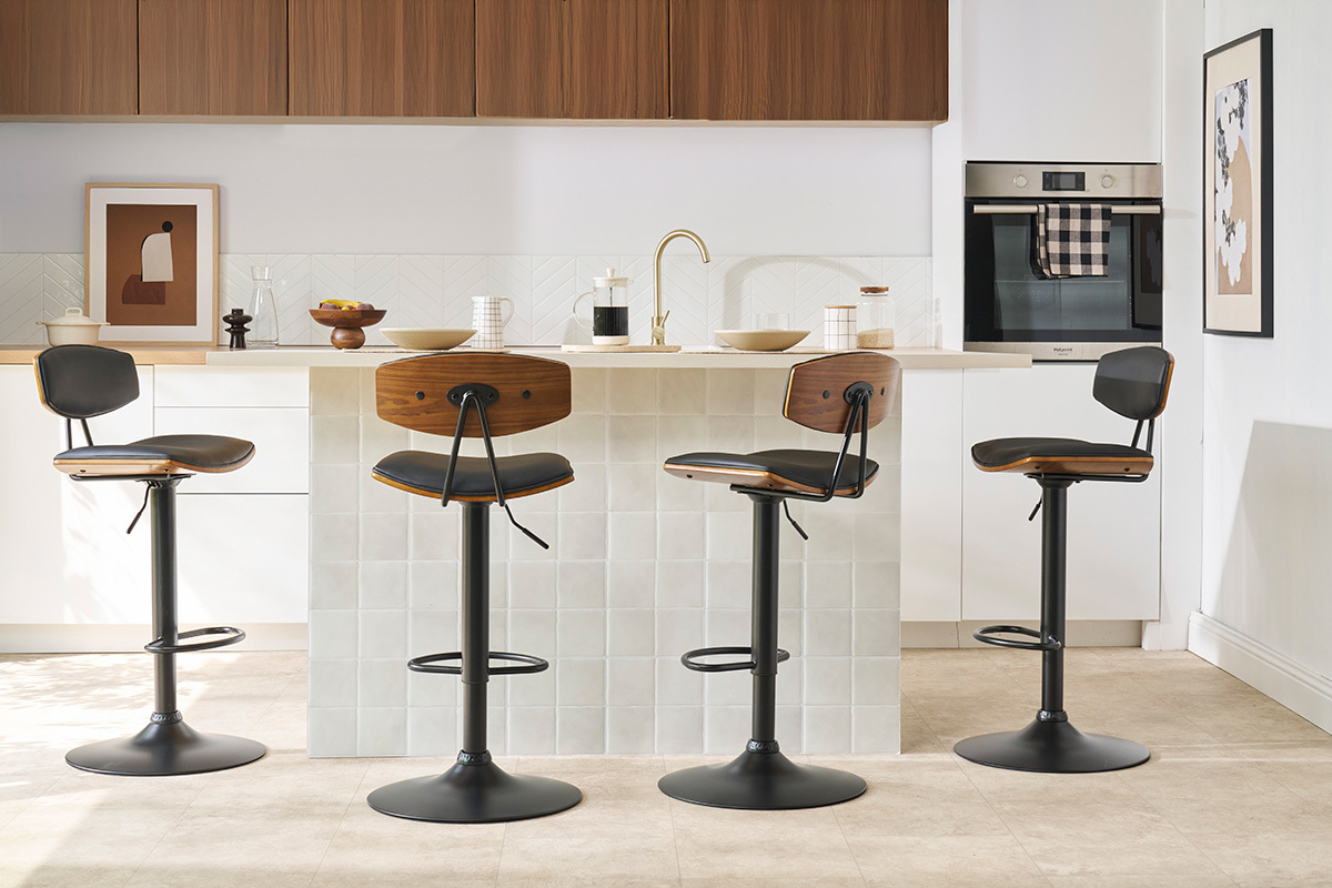 Design-Barhocker hhenverstellbar in Schwarz mit dunklem Holz (2er-Set) VASCO