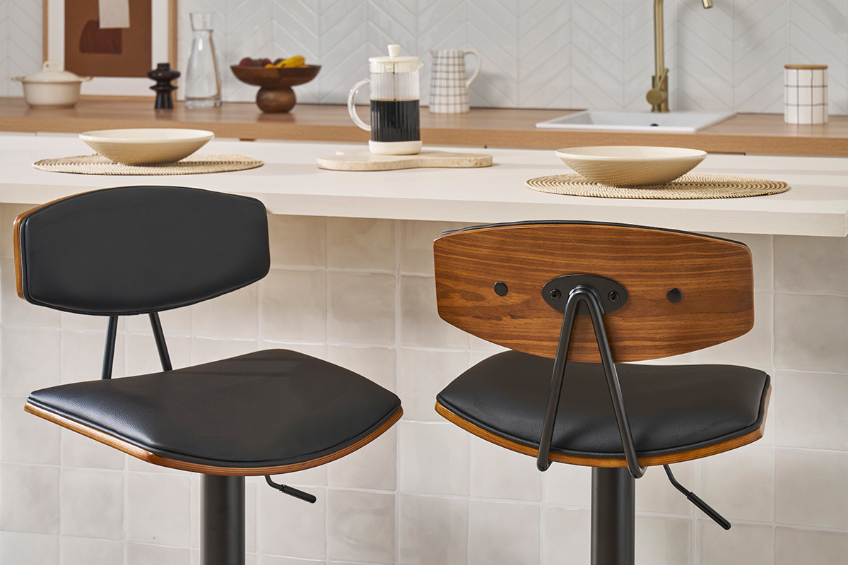 Design-Barhocker hhenverstellbar in Schwarz mit dunklem Holz (2er-Set) VASCO