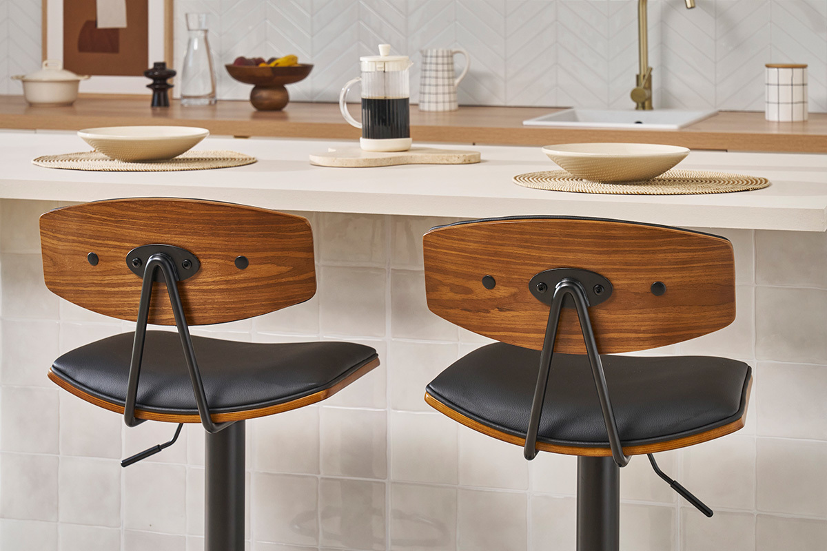 Design-Barhocker hhenverstellbar in Schwarz mit dunklem Holz (2er-Set) VASCO