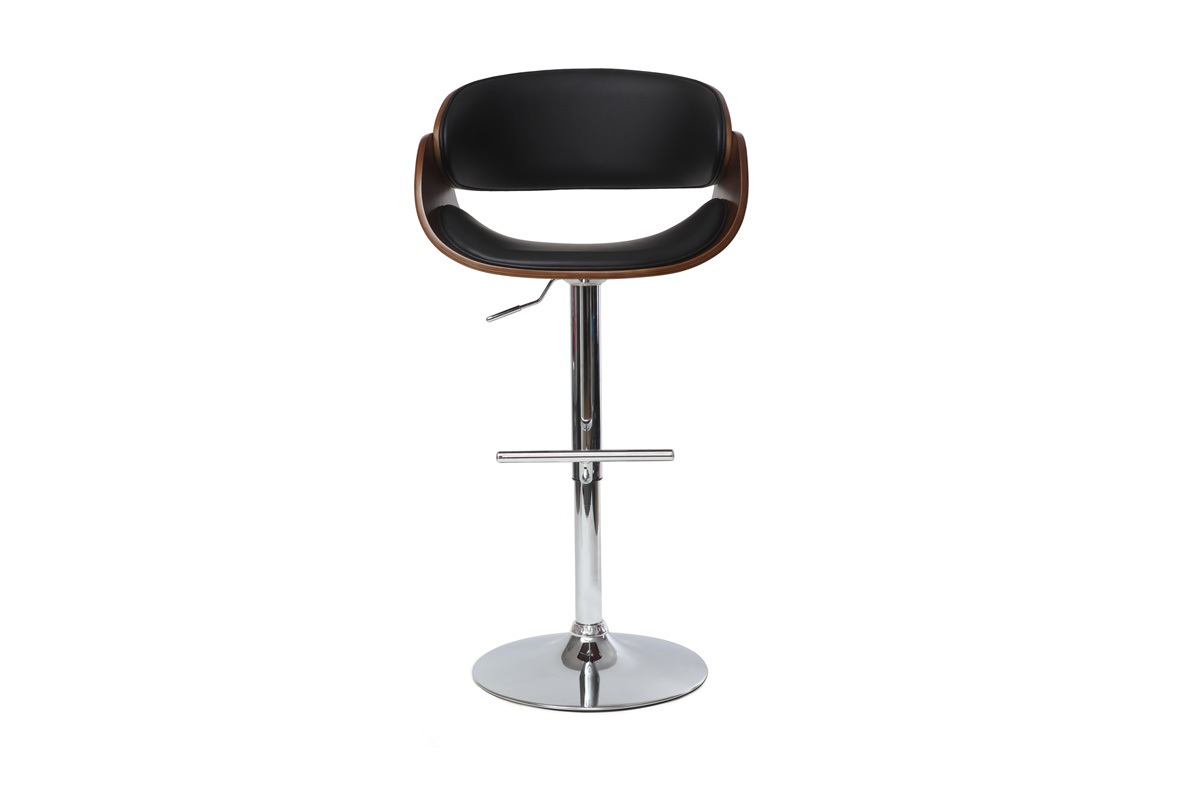 Designer-Barhocker in Schwarz und dunklem Holz, Frontansicht, h�henverstellbar und um 360� drehbar.
