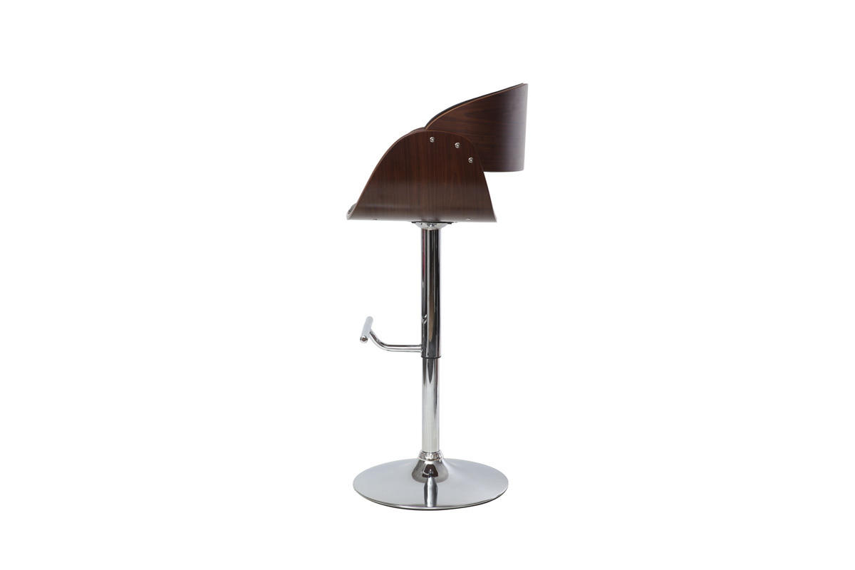 Design-Barhocker, verstellbar, schwarz und dunkles Holz, Seitenansicht, mit verchromtem Metallgestell.