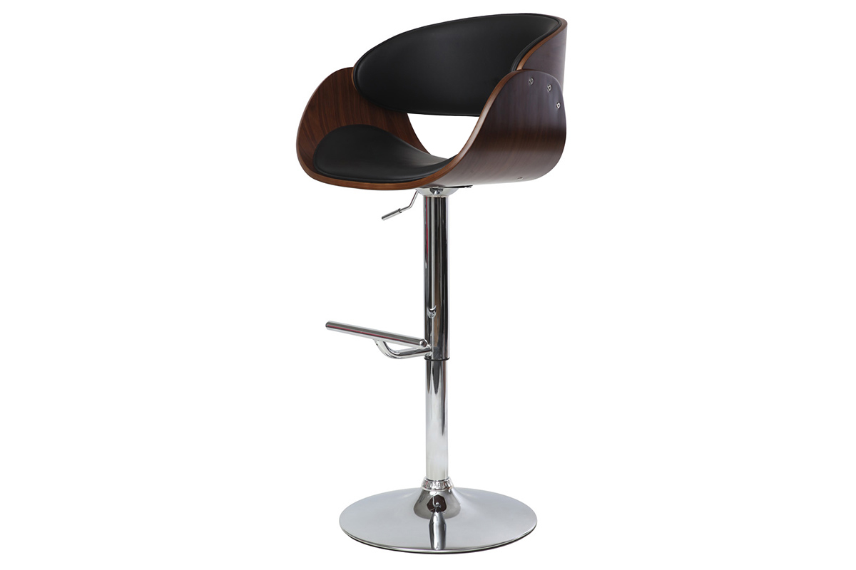 Verstellbarer Design-Barhocker in Schwarz und dunklem Holz, 3/4-Ansicht mit Polyurethan-Sitzfl�che.