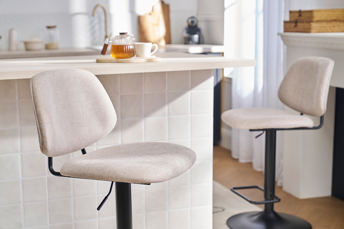 Design-Barhocker hhenverstellbar Stoff mit Samteffekt in Beige und schwarzes Metall (2er-Set) BARNET