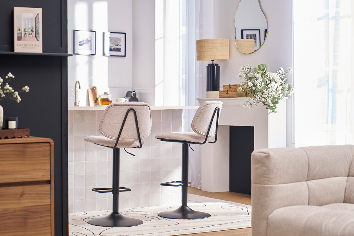 Design-Barhocker hhenverstellbar Stoff mit Samteffekt in Beige und schwarzes Metall (2er-Set) BARNET