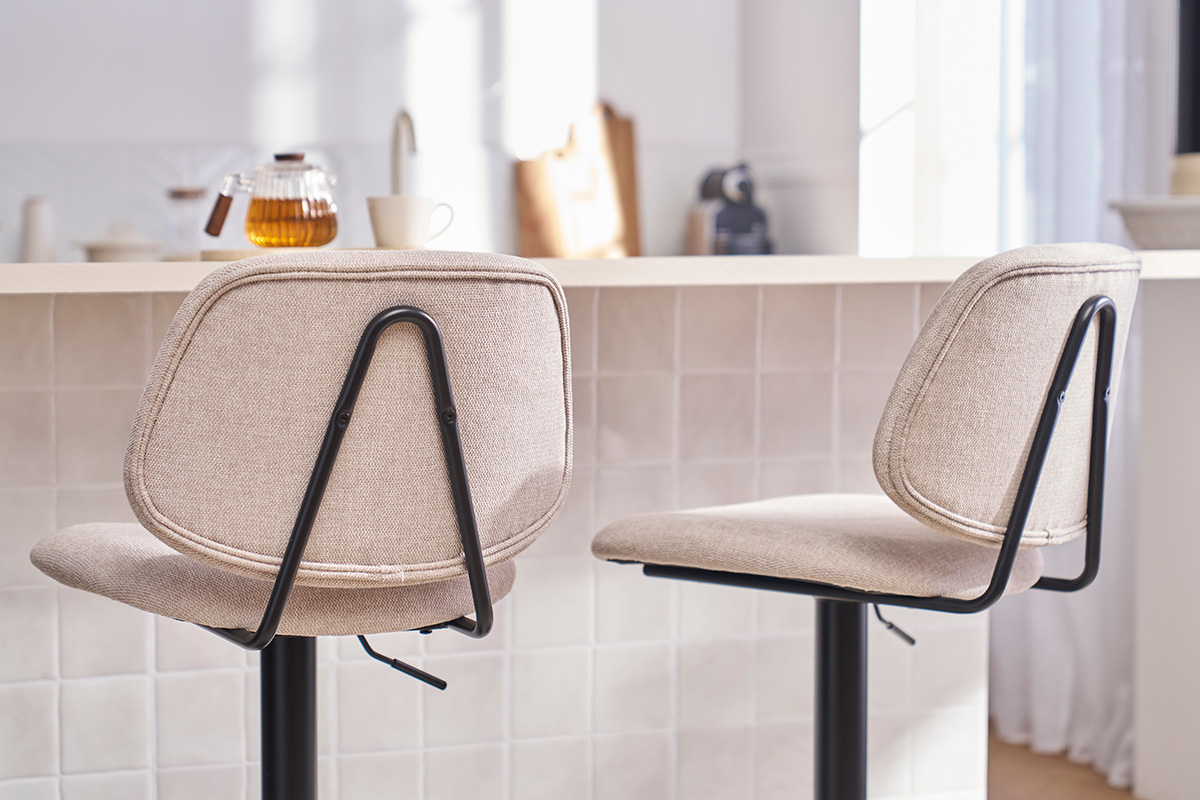 Design-Barhocker hhenverstellbar Stoff mit Samteffekt in Beige und schwarzes Metall (2er-Set) BARNET