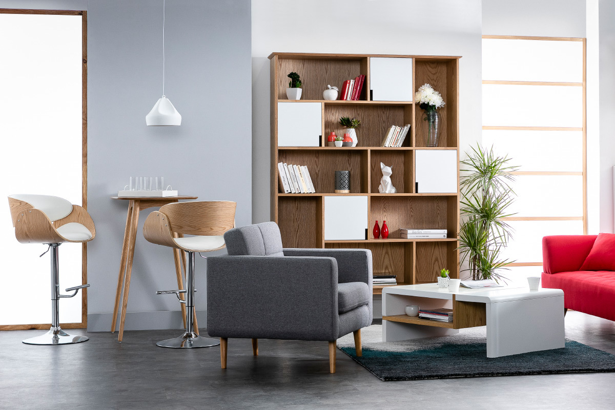 Design-Barhocker h�henverstellbar wei� und helles Holz BENT